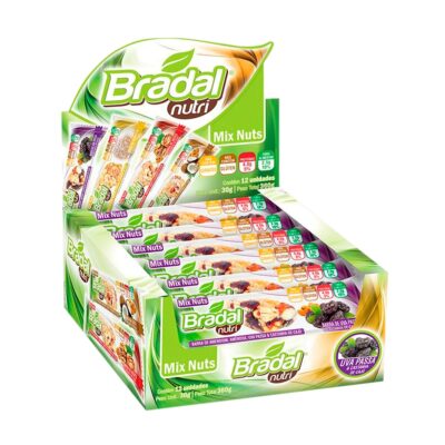 Barra Mix Nuts Bradal Nutri com 12 Unidades na Caixa Uva Passas e Castanha de Caju